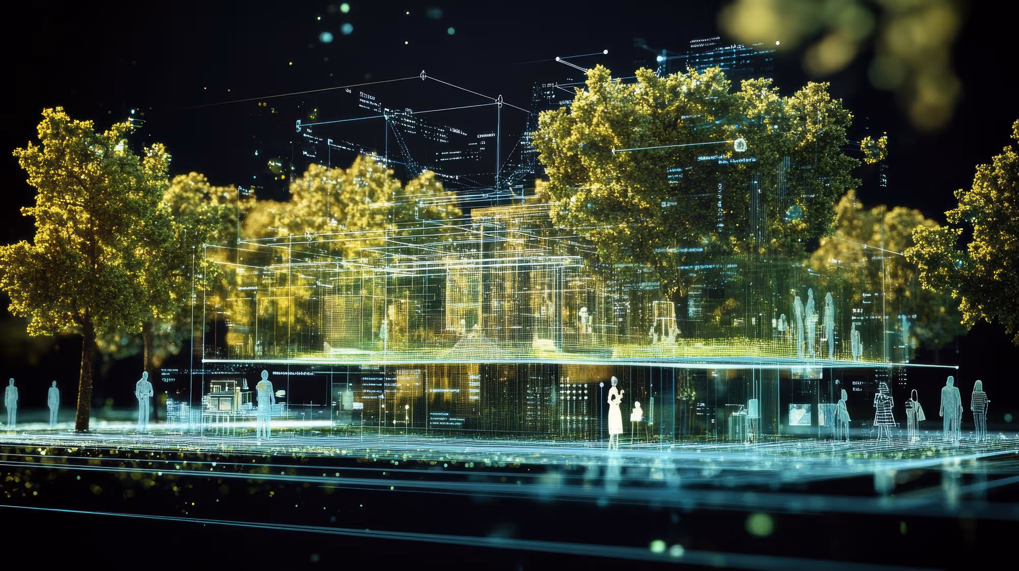 Digital overlay of smart city infrastructure with trees and human silhouettes representing IoT-enabled urban planning by Pro Digital in Bangalore