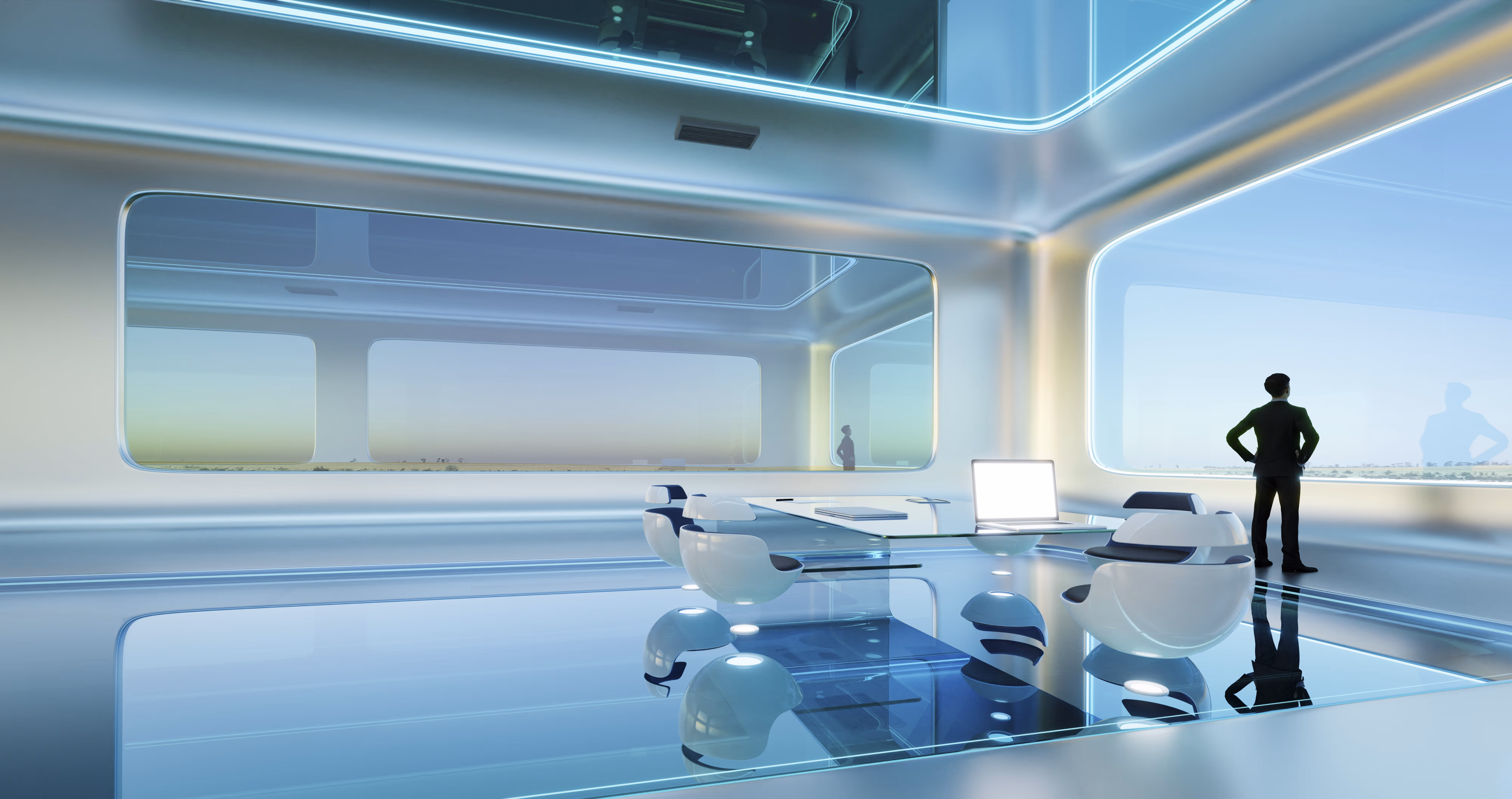 Futuristic boardroom with smart collaboration tools and digital interfaces designed by Pro Digital in Bangalore