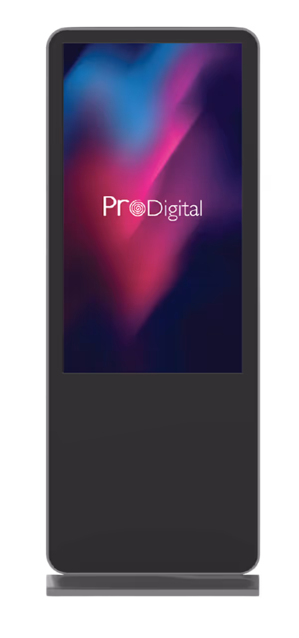 Front view of Pro Digital iStandee – vertical digital signage display for smart advertising and immersive content delivery