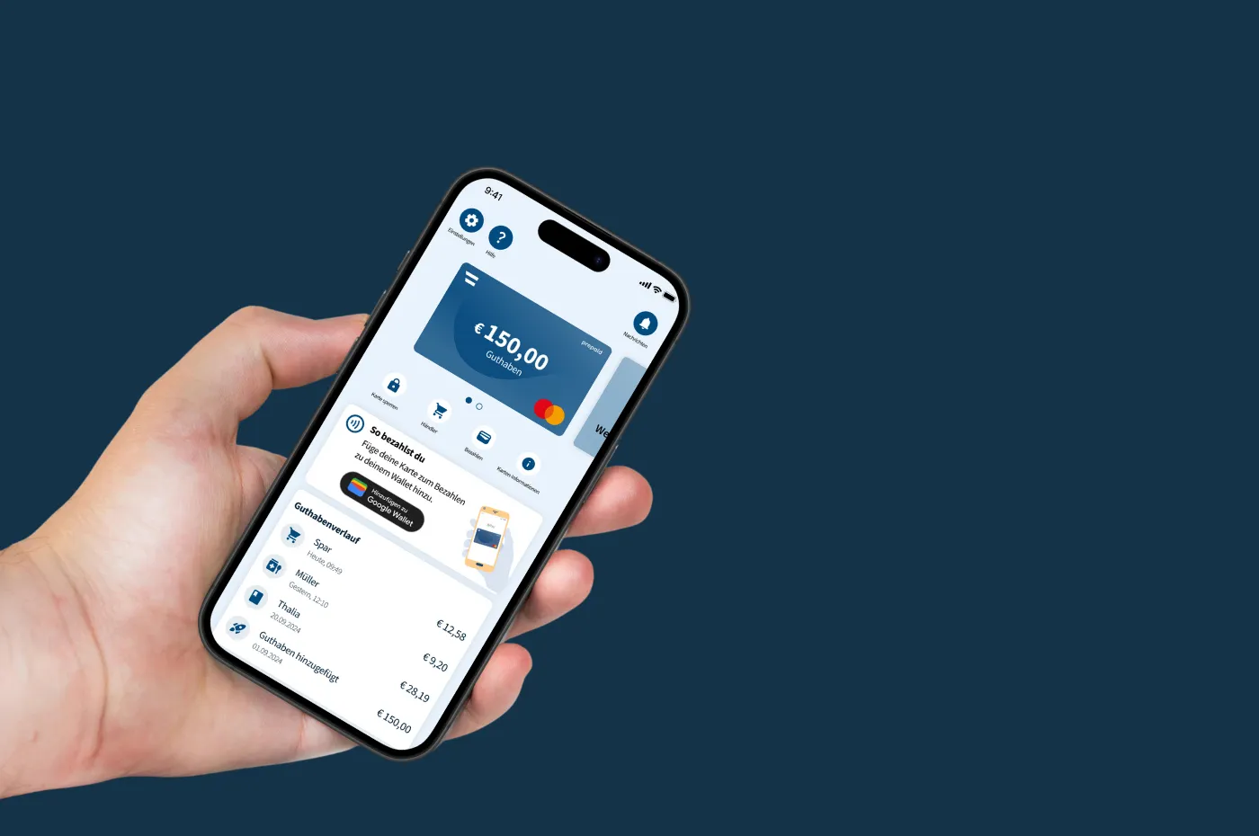 Hand holding a phone with a mobile app UI developed by &amp.