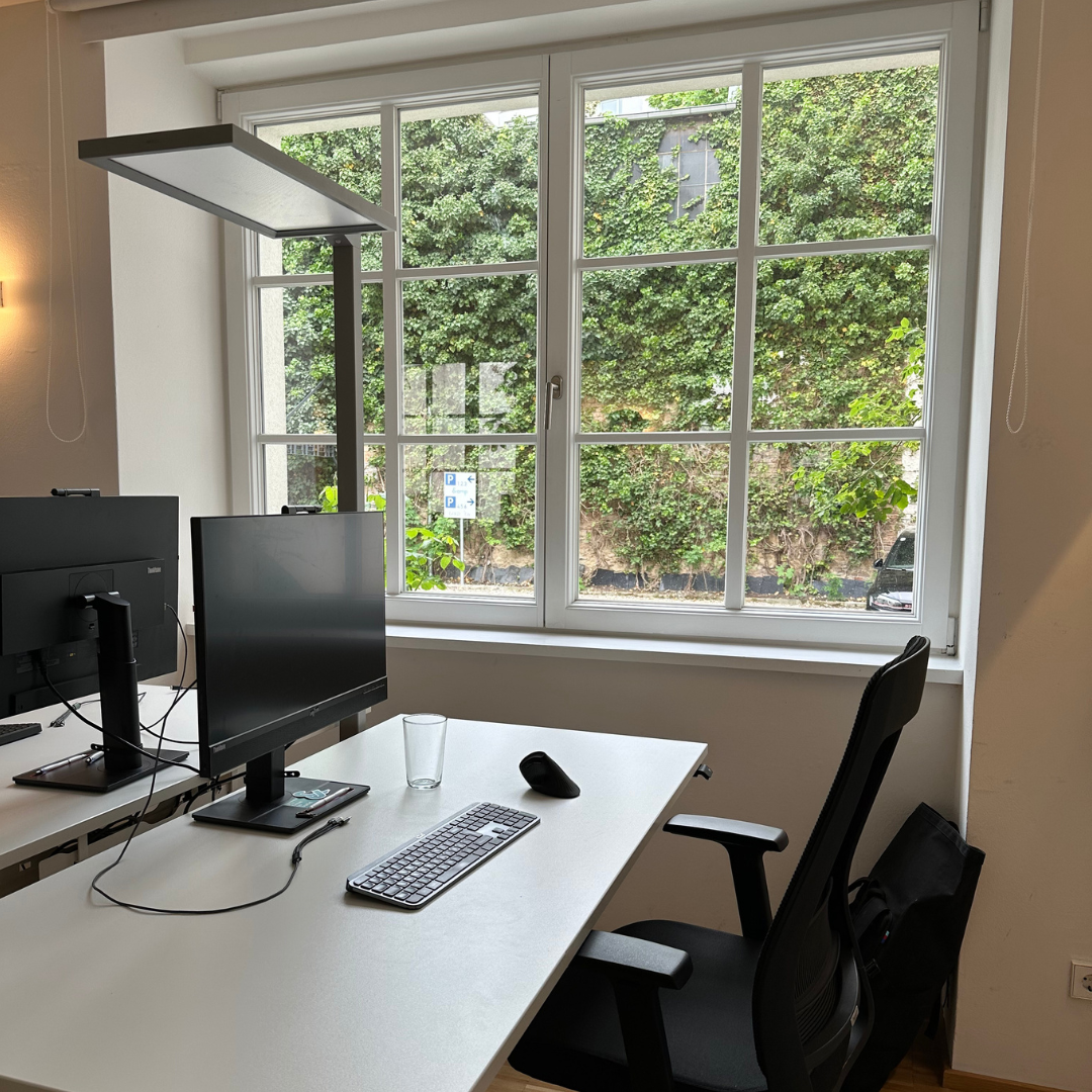 Einzelarbeitsplatz am Fenster mit Blick in den Innenhof