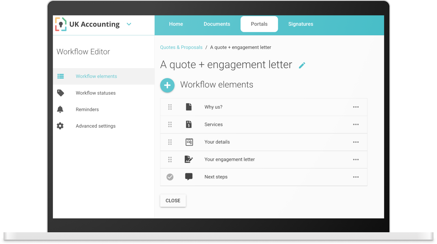 Laptop screen showing UK Accounting workflow editor with sections for workflow elements, statuses, reminders, and settings for a quote and engagement letter.