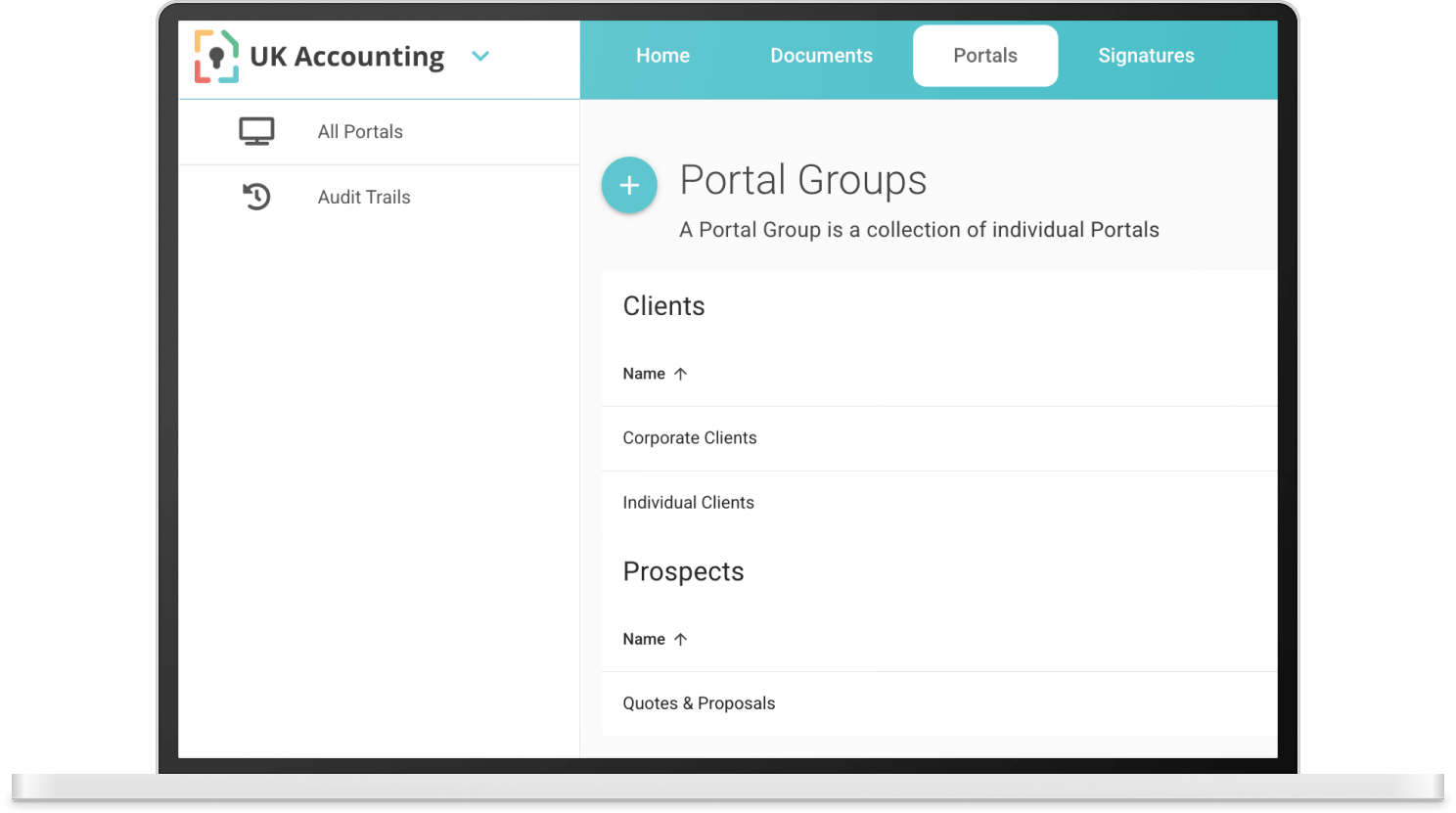 Laptop screen showing UK Accounting portal interface with sections for Portal Groups listing Corporate Clients, Individual Clients, and Prospects including Quotes & Proposals.