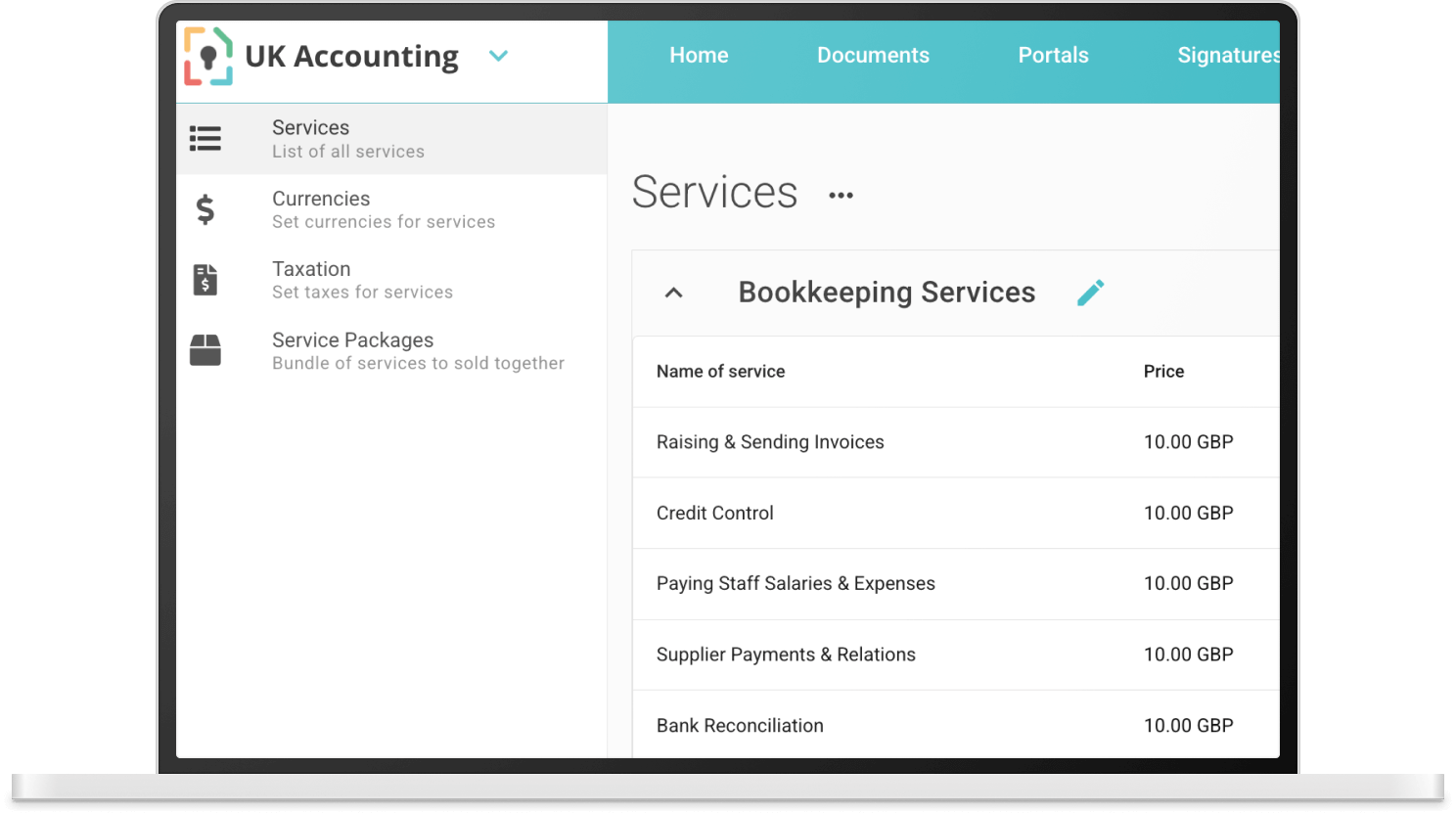 Laptop screen showing UK Accounting software interface with menu options on the left and bookkeeping services listed with prices on the right.