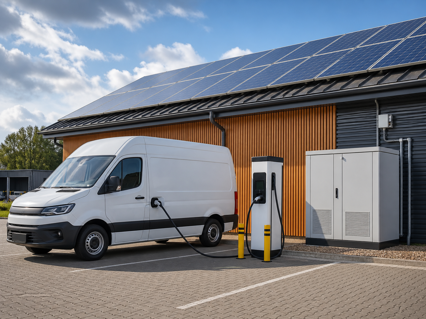 Solarbetriebene Ladestation mit Elektrotransporter, Photovoltaik und Batteriespeicher