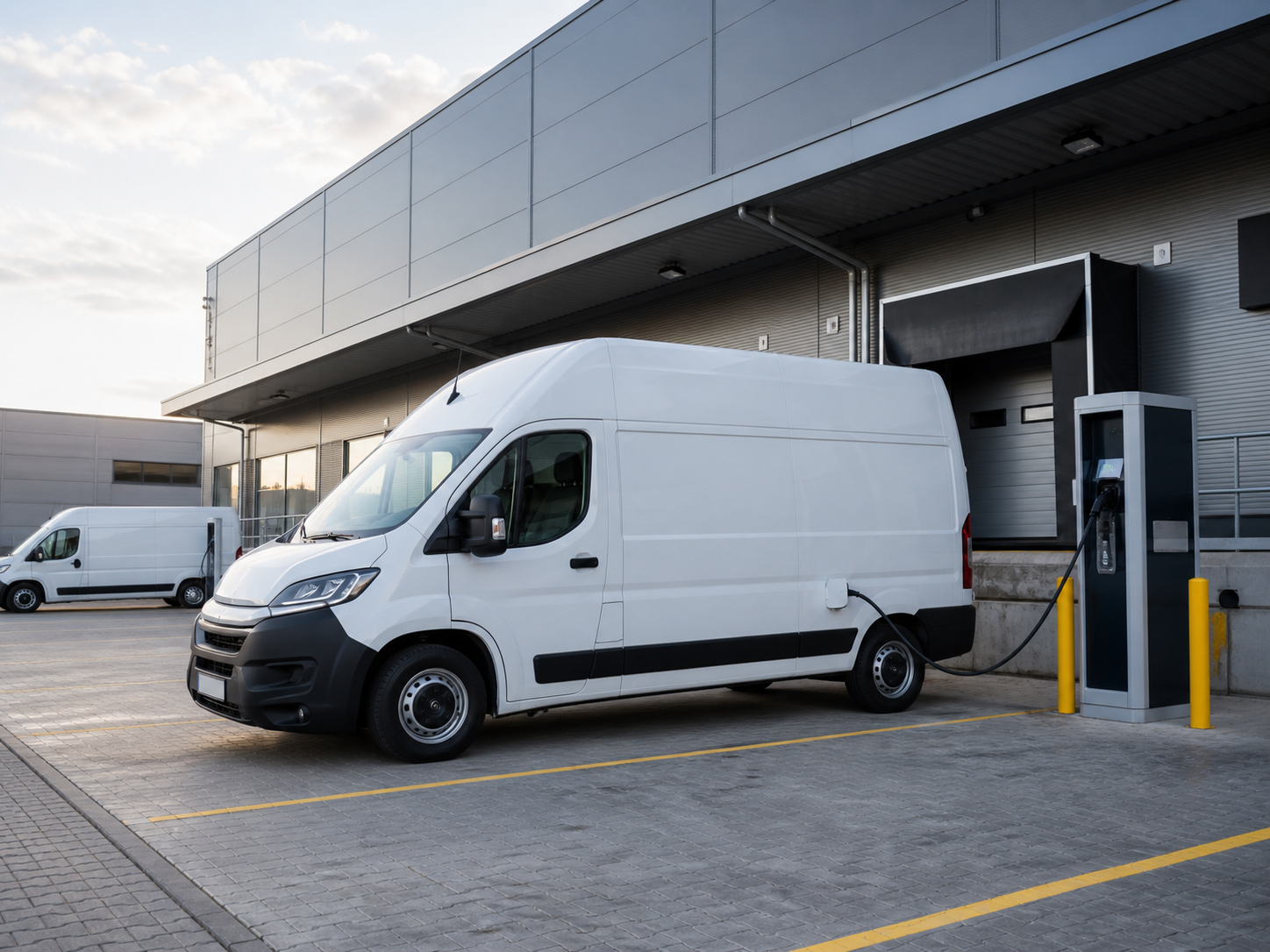 Elektrotransporter an einer Ladestation vor einem Logistiklager