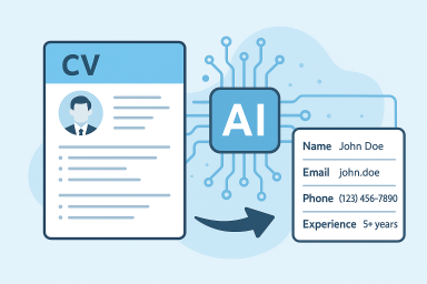 Illustration of AI extracting contact and experience data from a CV document.