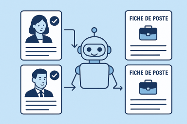 Illustration d'un robot au centre connectant des profils de candidats validés à des fiches de poste.