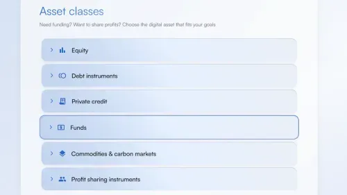 Diverse digital asset investment options: Equity, Debt instruments, Funds, Commodities, and Profit Sharing.