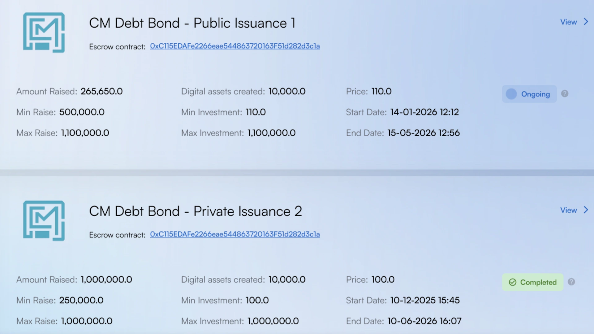 Two CM Debt Bond listings showing details of public issuance 1 and private issuance 2 including escrow contract links, amounts raised, digital assets created, prices, investment limits, start and end dates with statuses Ongoing and Completed.