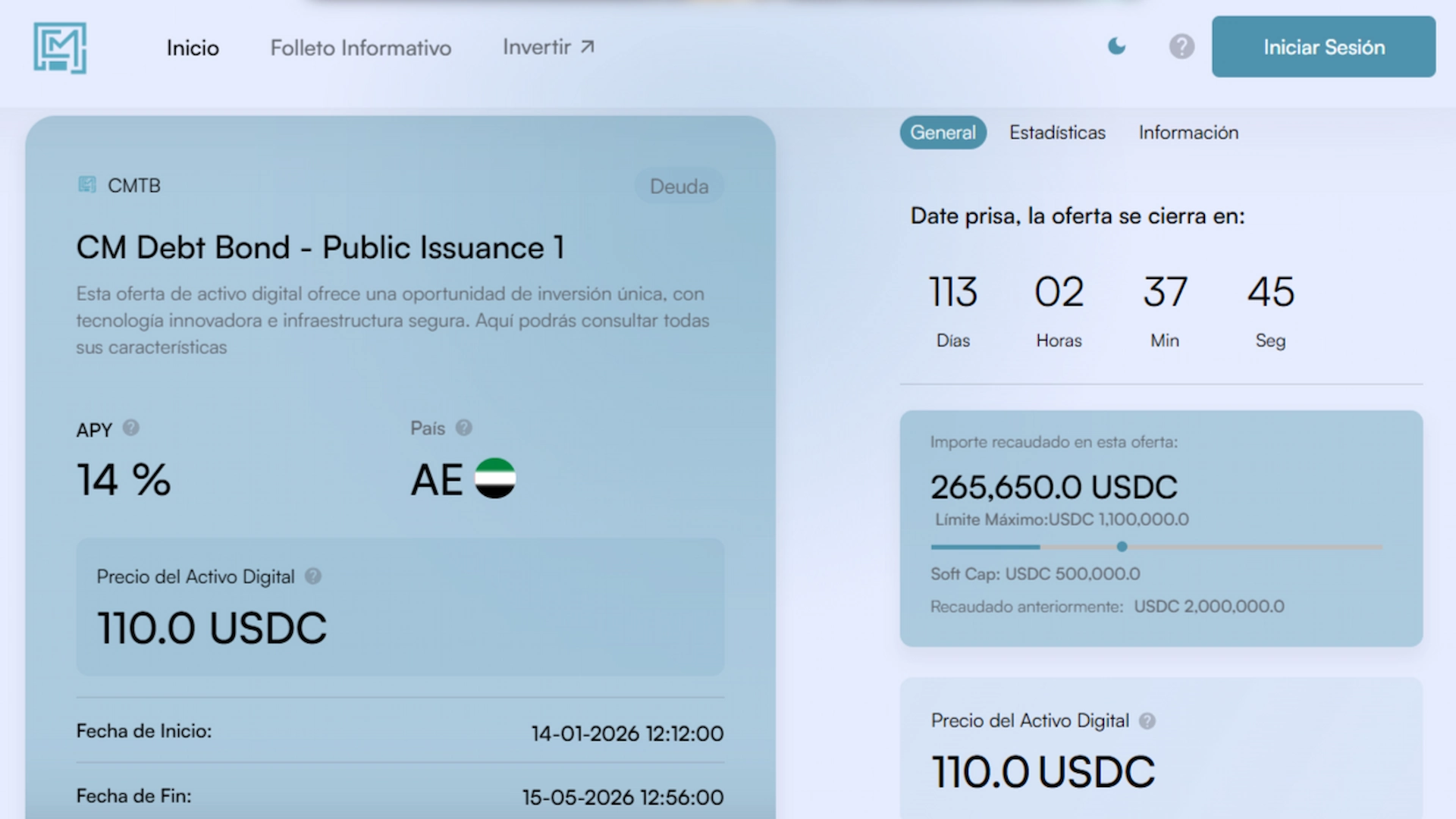 Custom Investment Portal for CM Debt Bond issuance showing 14% APY, USDC price, and real-time fundraising progress.