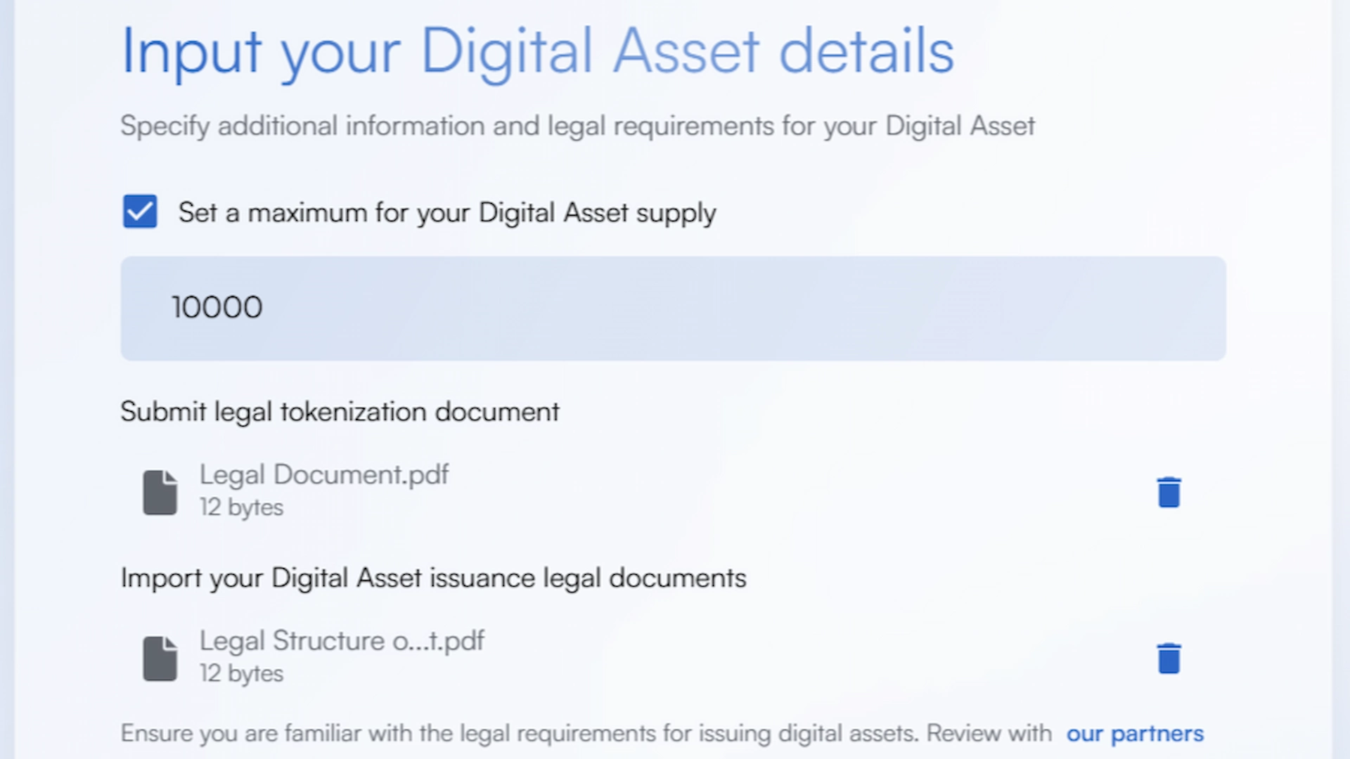 Brickken SaaS form for digital asset details with maximum supply settings and legal document upload sections.