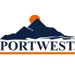 Portwest logo with cartoon mountain and sunrise.