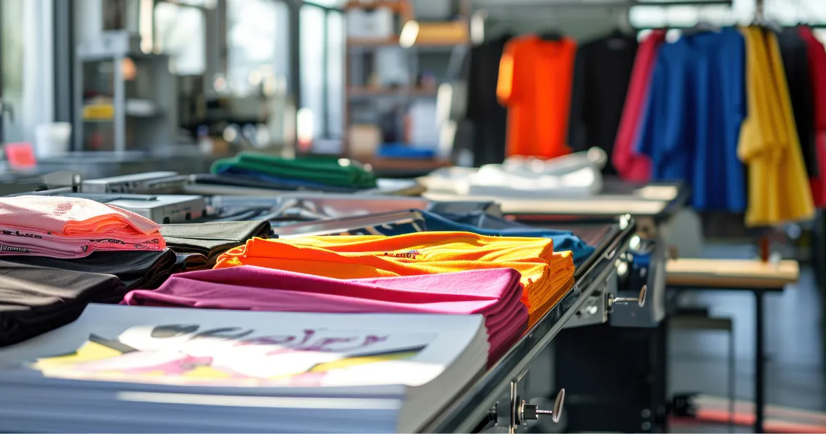Piles of folded printed clothing on a printing machine.