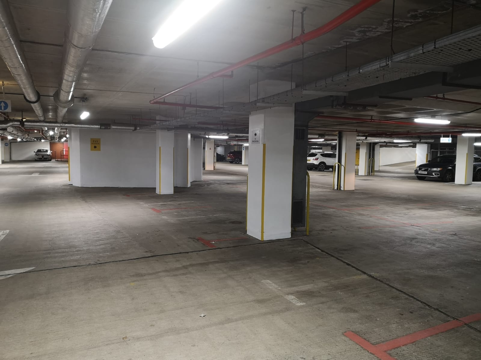 Parking deck at Harrogate Conference Centre with repainted pillars