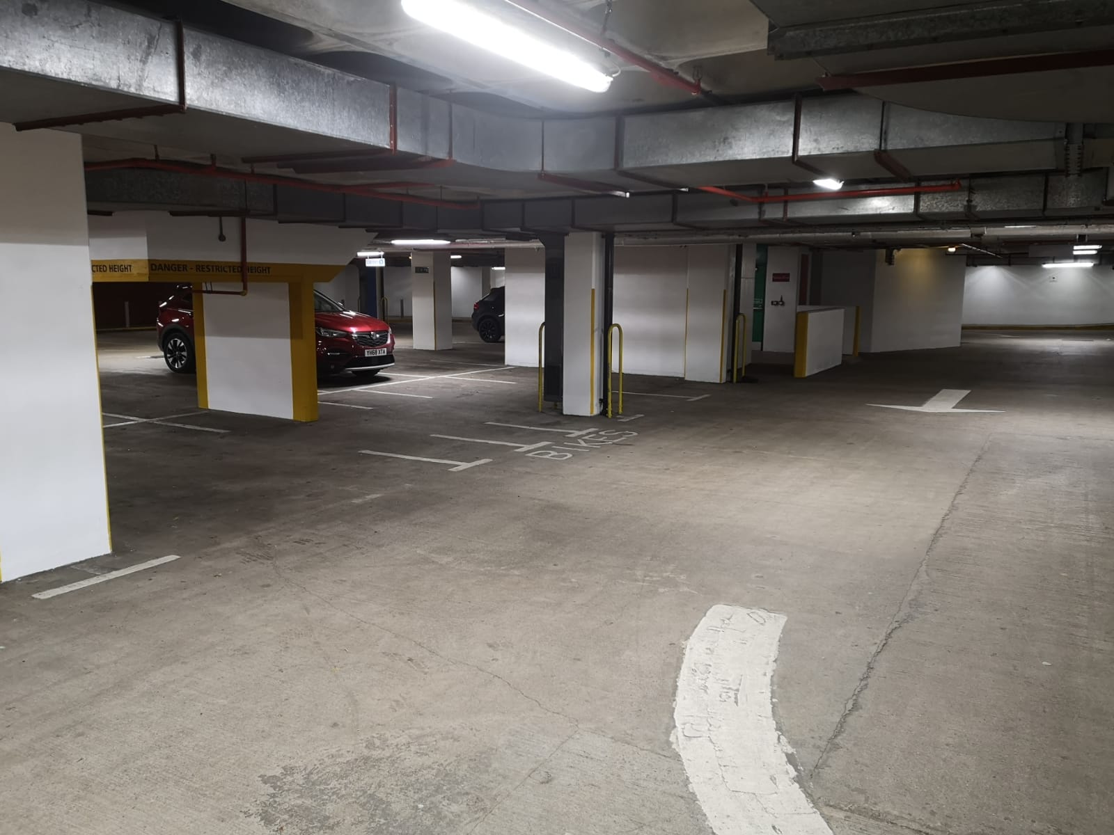 Lane markings and yellow-edged pillars in the Harrogate Conference Centre car park