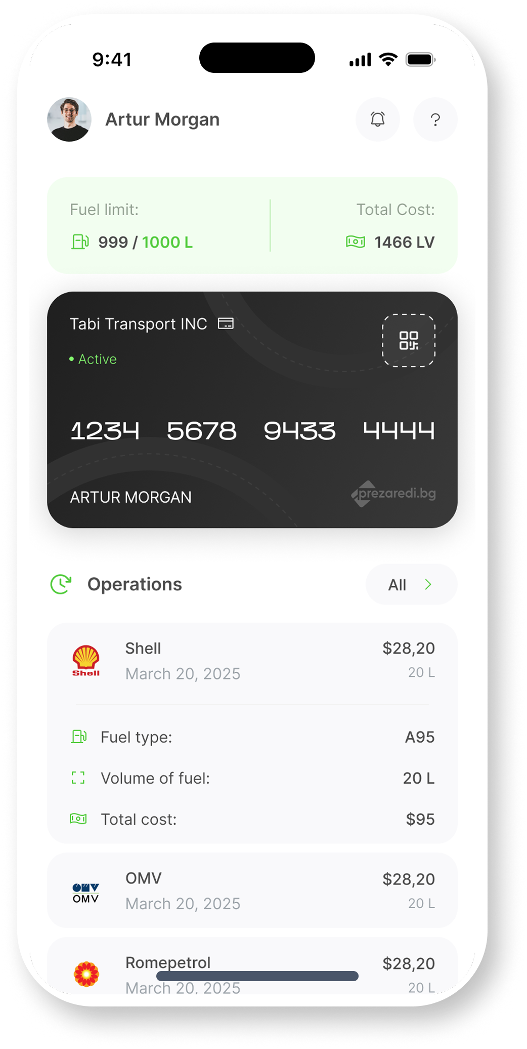 digital card opened on prezaredi app