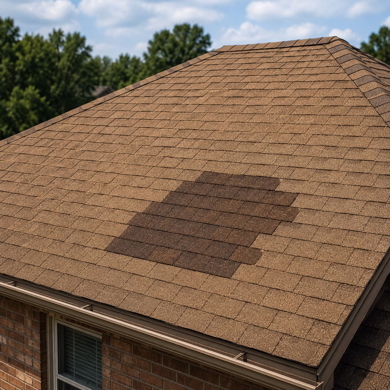 A roof with mismatched roof shingle colors