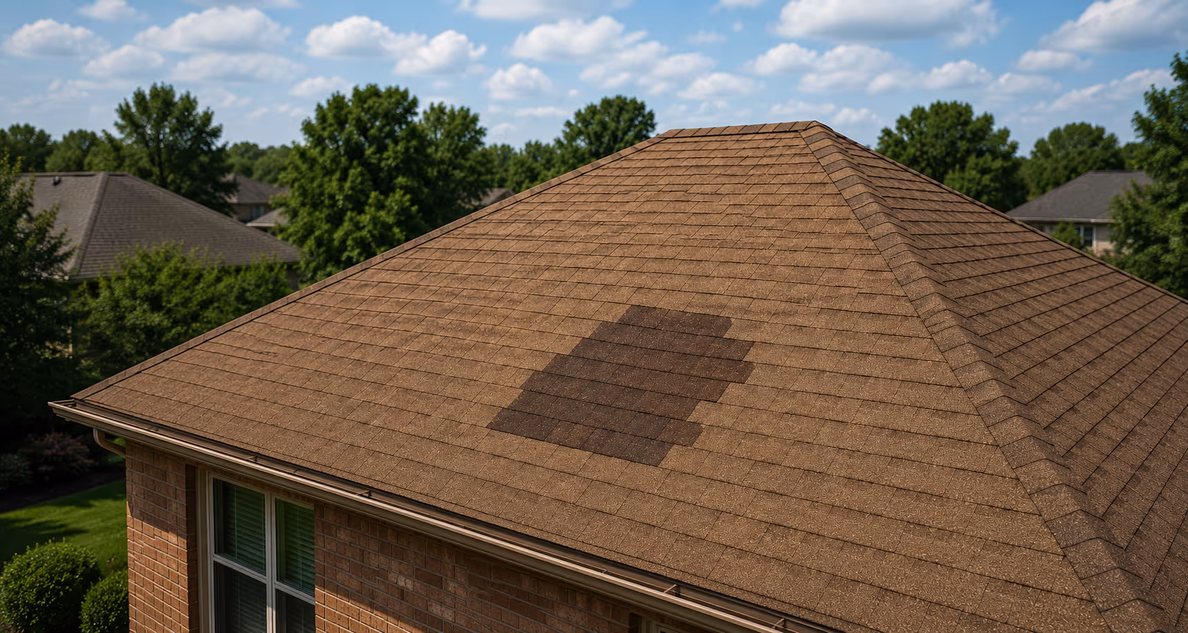 An asphalt shingled roof showing patchy repair