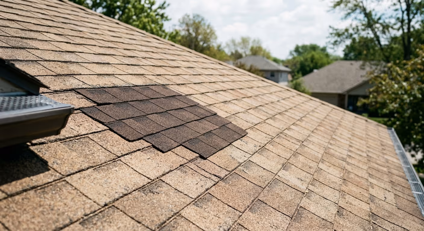 An asphalt shingled roof showing patchy repair