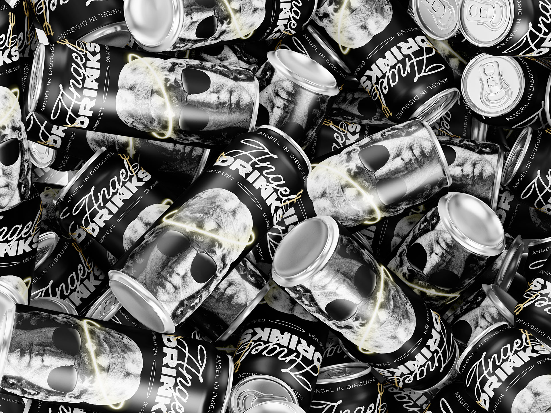 A pile of Angel Drinks cans. 