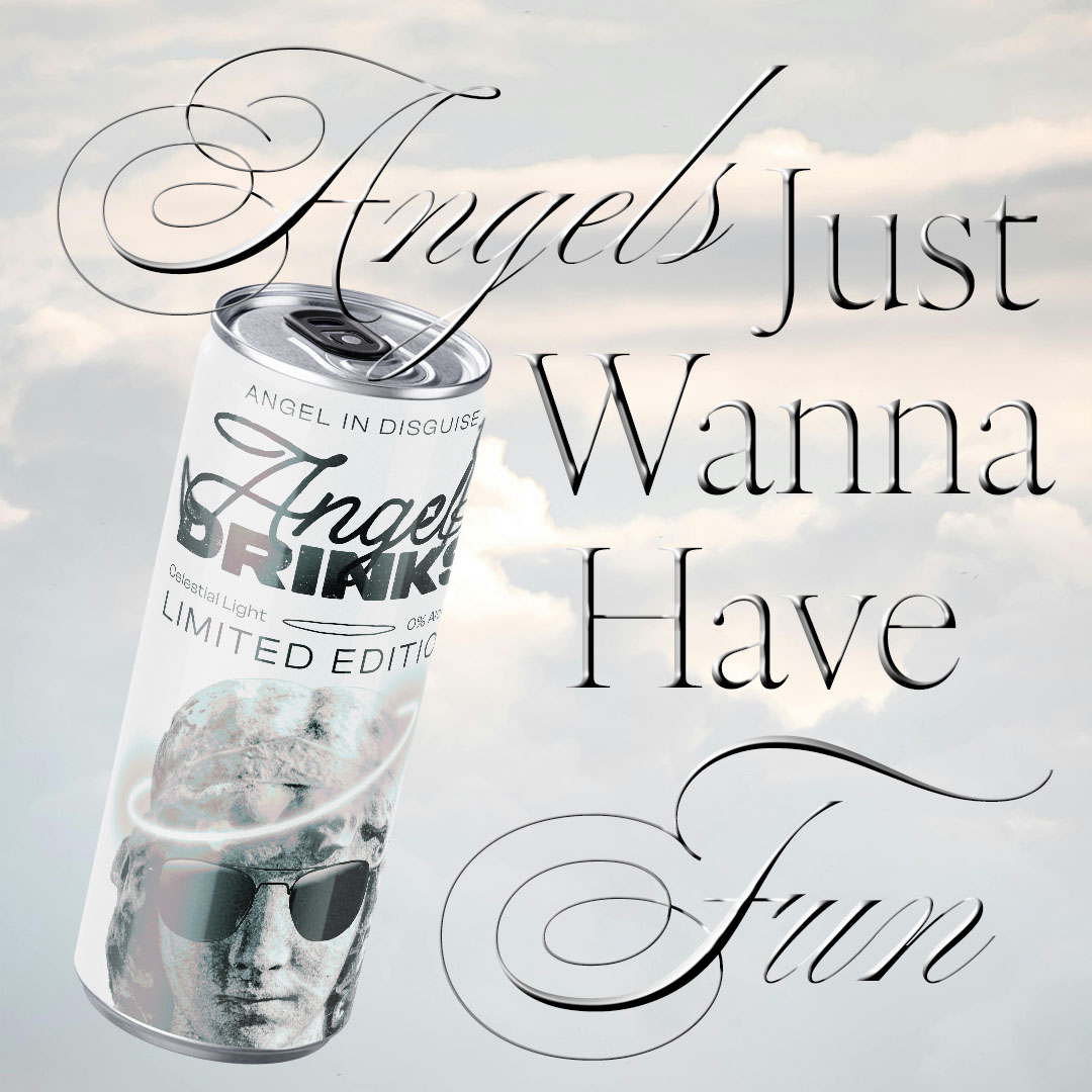 A social media post with a floating can of Angel Drinks with the words 'Angels just want to have fun.'