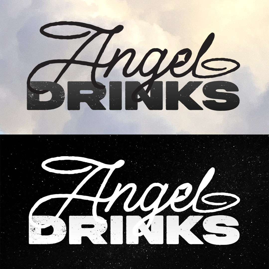 The white and black logos for Angel Drinks.