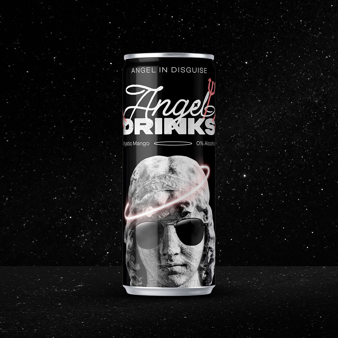A can of Angel Drinks in the flavor Mystic Mango against a black starry sky.