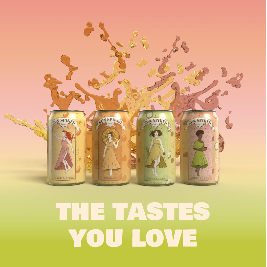 Four cans of Sun Spiked Juices with the tagline 'The Tastes You Love.' 