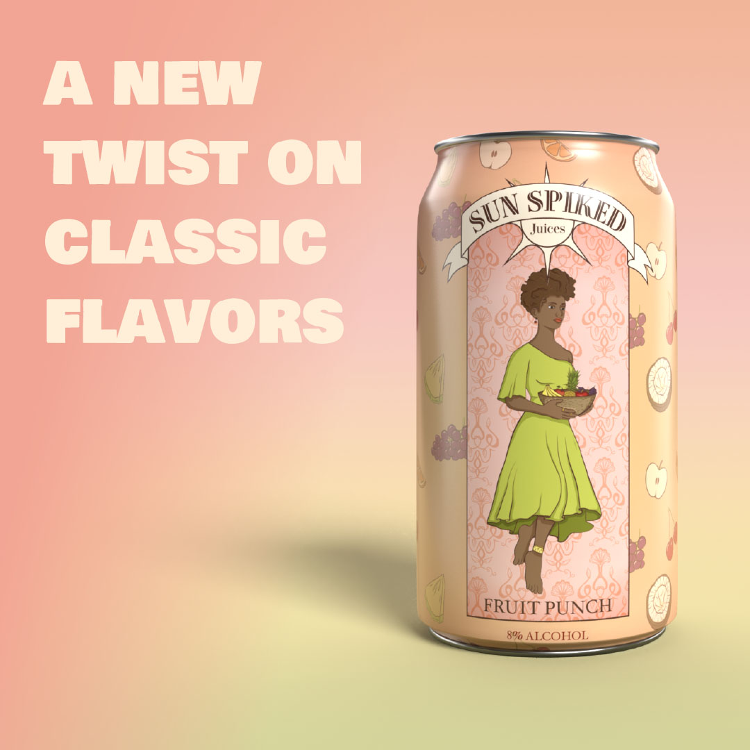 A can of Sun Spiked fruit punch with the tagline, 'A new twist on Classic flavors.' 
