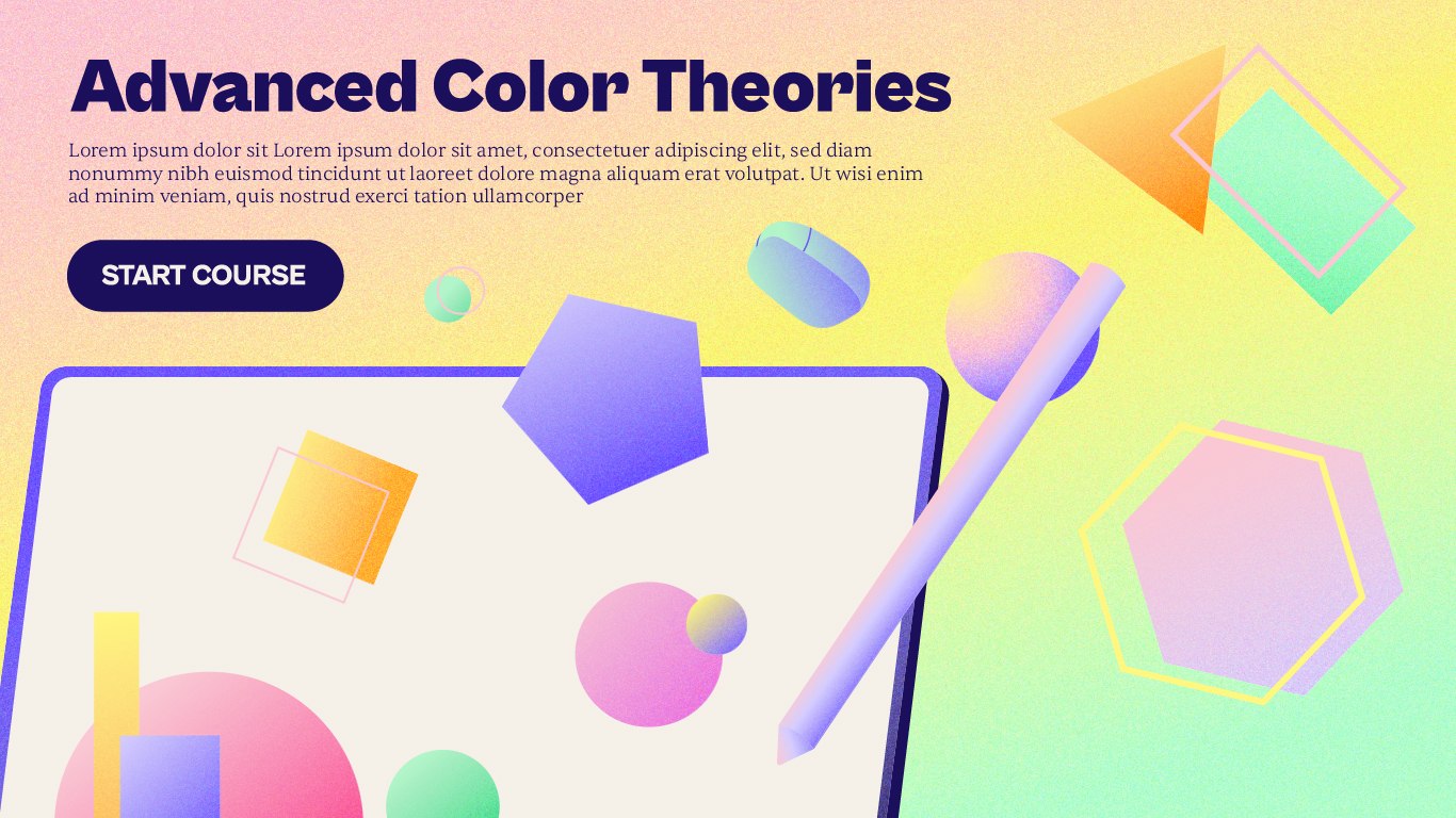 A webpage for an Advanced Color Theory course, where you see an ipad with shapes flying off the screen.