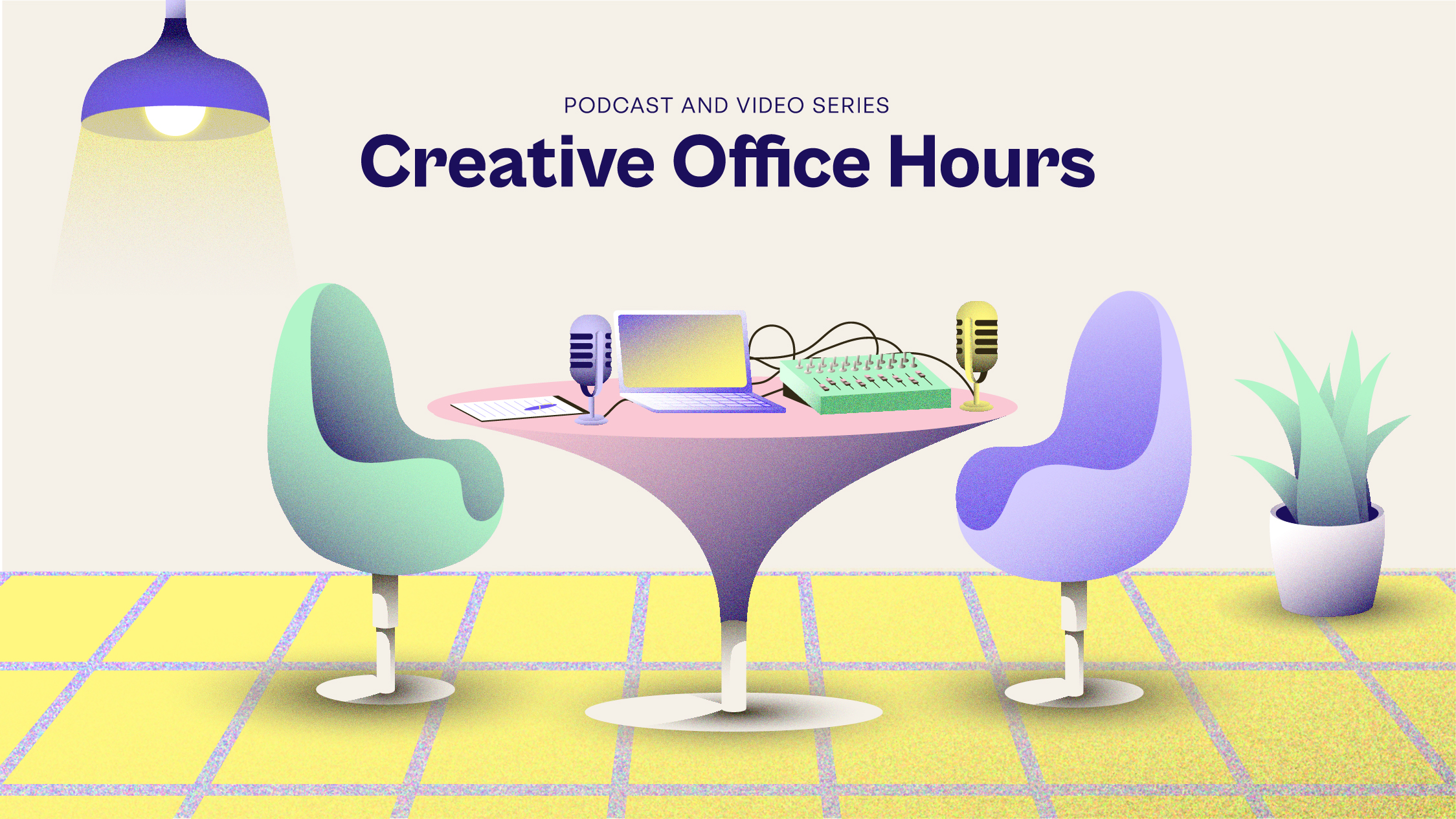 A webpage for a podcast called Creative Office Hours, with an illustration of a retro office with podcast equipment