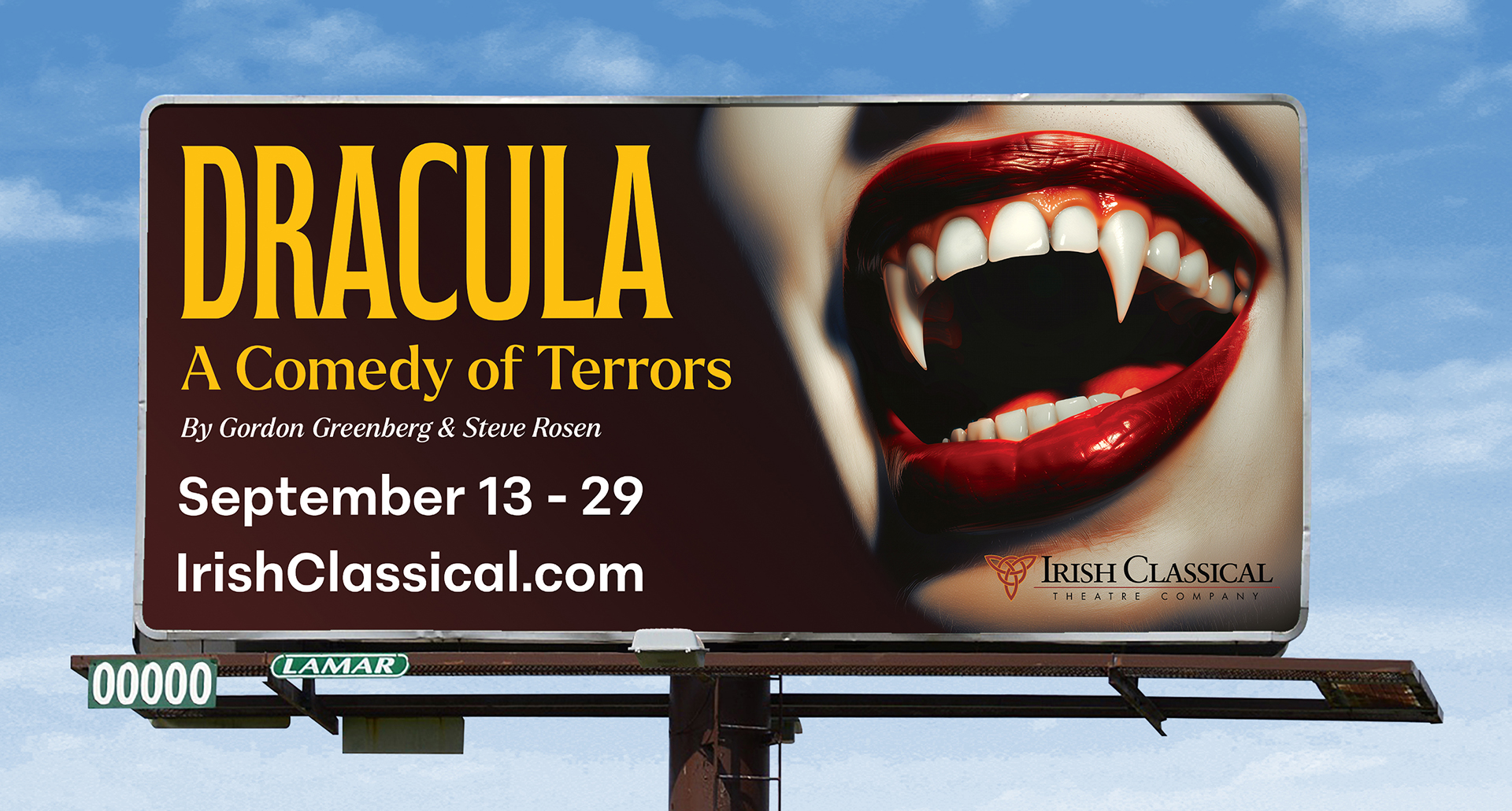  A billboard for Dracula, A Comedy of Terrors at the Irish Classical Theatre, with the image of a vampire's fangs. 