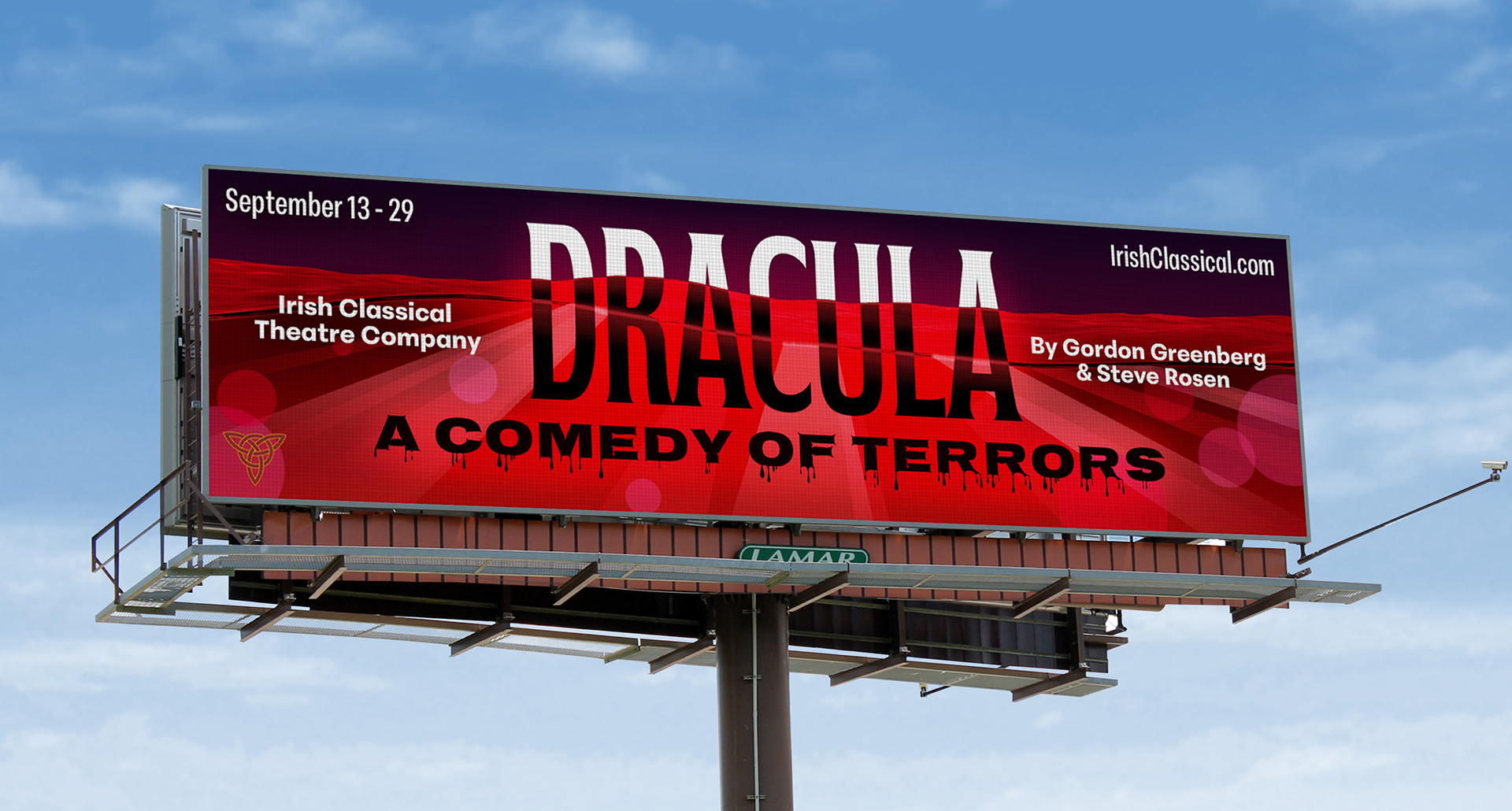 A billboard for Dracula, A Comedy of Terrors, where the title is half obscured by a sea of brightly lit blood.