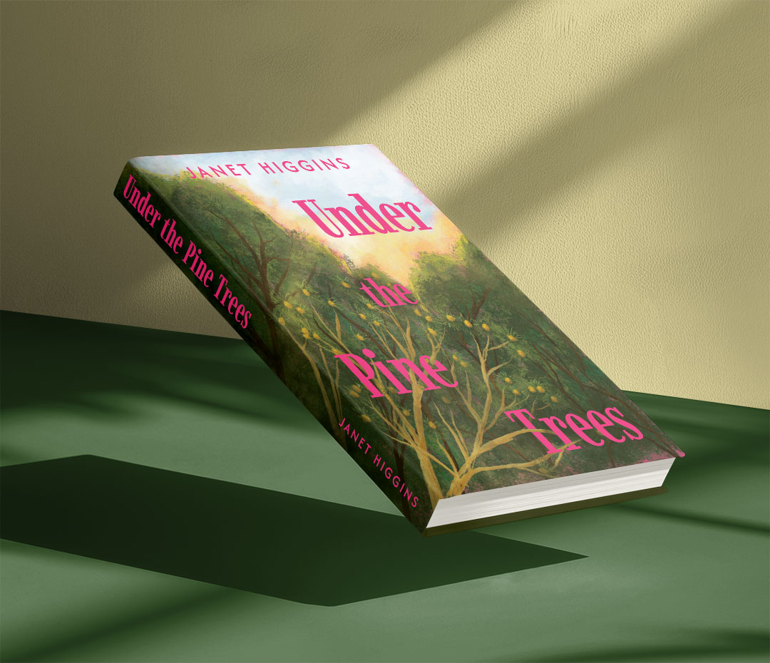 The book Under the Pine Trees hanging in the air, showcasing the book cover design.