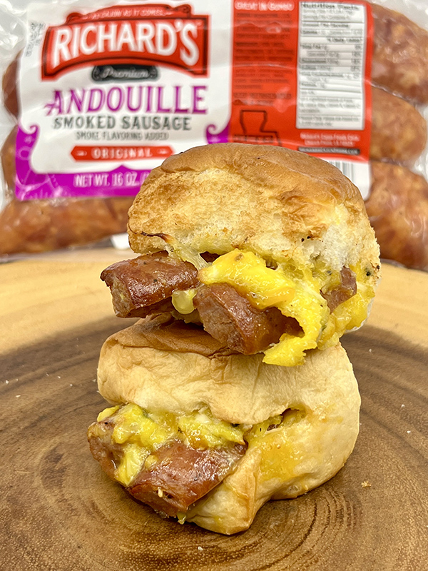 Cheesy Egg & Andouille Sausage Sliders