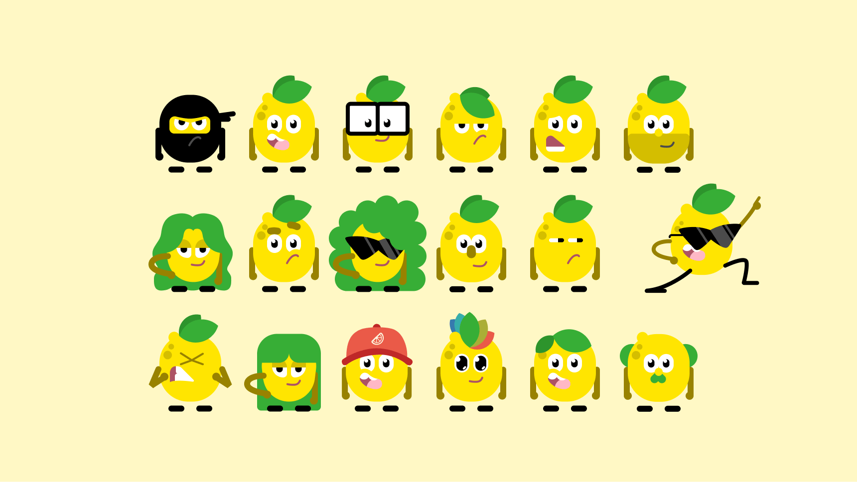 Grid of 18 cartoon lemons with different facial expressions, hairstyles, accessories, and poses on a light yellow background.