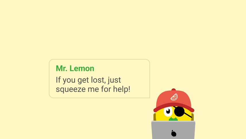 Cartoon lemon character wearing a red cap with a lemon slice logo and an eye patch, sitting behind a laptop with a speech bubble saying, 'Mr. Lemon: If you get lost, just squeeze me for help!'