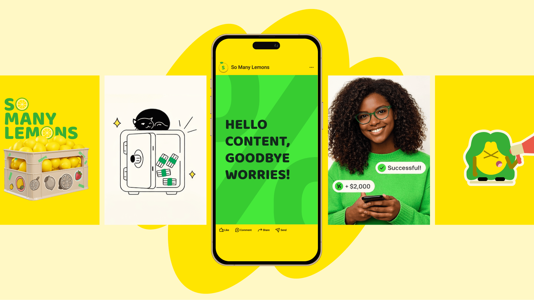 Collage with crate of lemons and So Many Lemons logo, drawing of a cat on a safe with packs inside, smartphone displaying 'Hello Content, Goodbye Worries!', smiling woman with text bubbles saying '+ $2,000' and 'Successful!', and a lemon character with a megaphone.