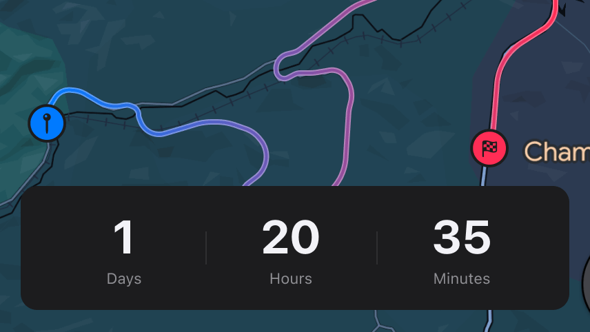 Countdown timer showing 1 day, 20 hours, and 35 minutes on a map background with a blue starting point icon on the left and a red finish flag icon on the right.