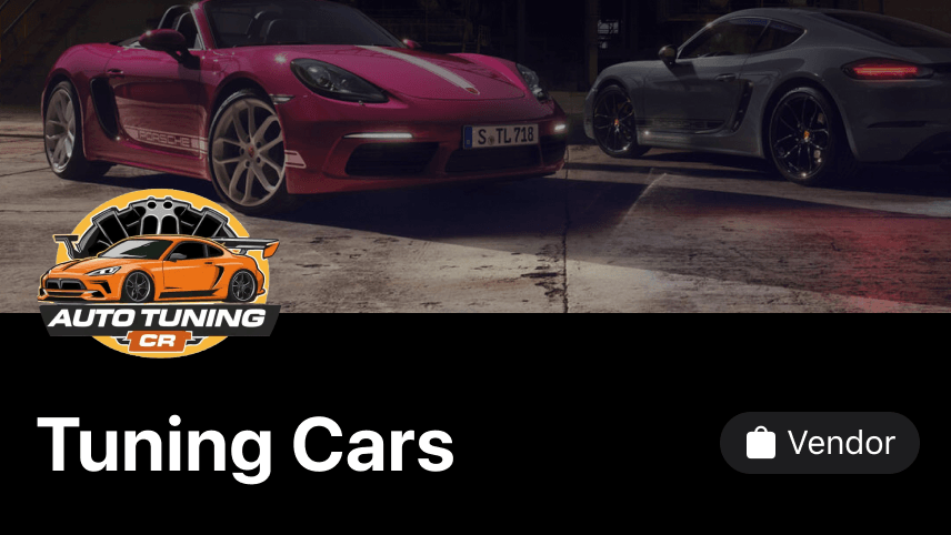 Two sports cars parked in a dimly lit garage with an orange car tuning logo and text 'Tuning Cars' below.