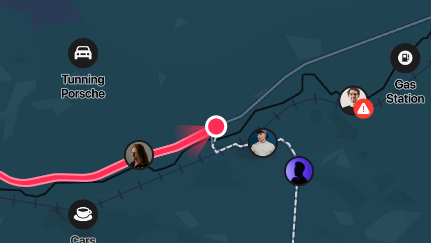 Dark-themed map showing a red route line with driver profile icons, including warnings near a gas station and icons for turning Porsche and cars.