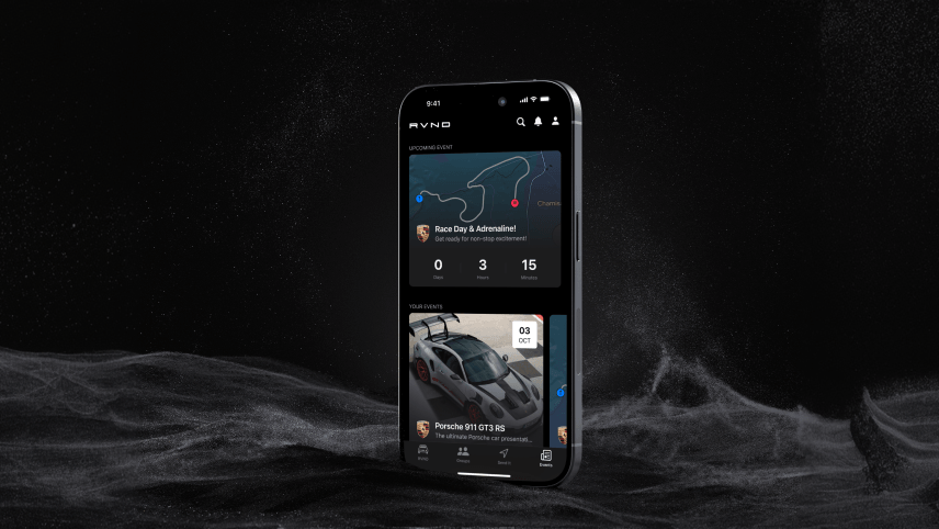 Smartphone displaying a racing event app with upcoming race countdown and Porsche 911 GT3 RS event details against a dark abstract background.