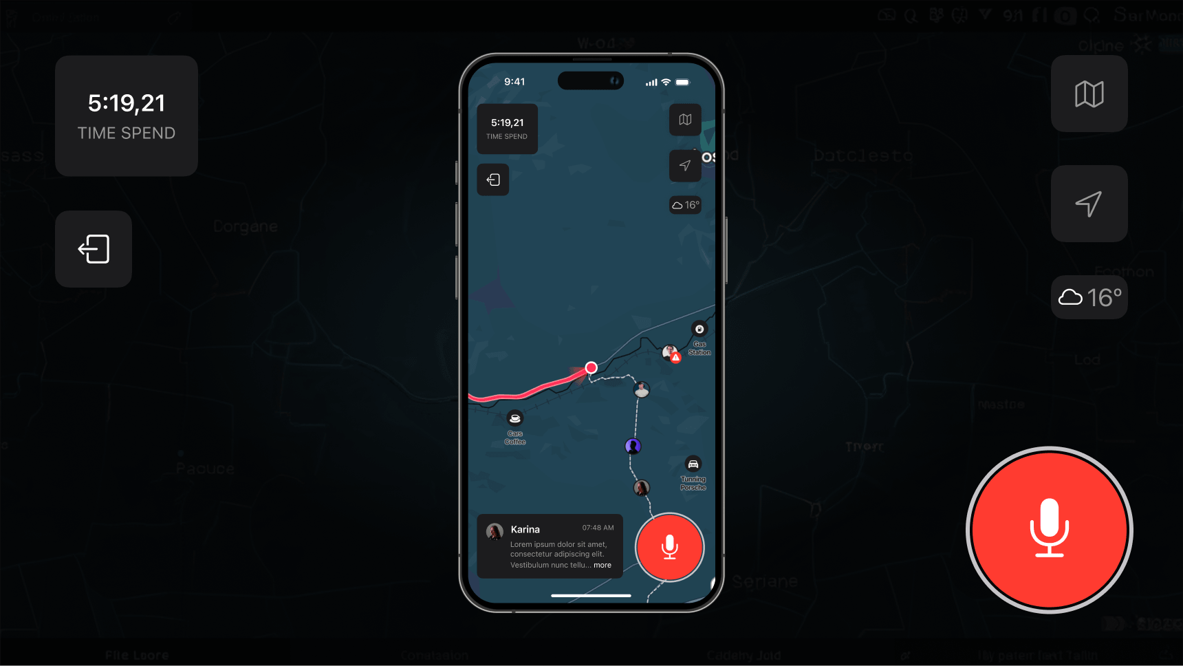 Smartphone screen displaying a map route with a voice input button, time spent as 5:19.21, weather at 16 degrees, and a message notification from Karina.