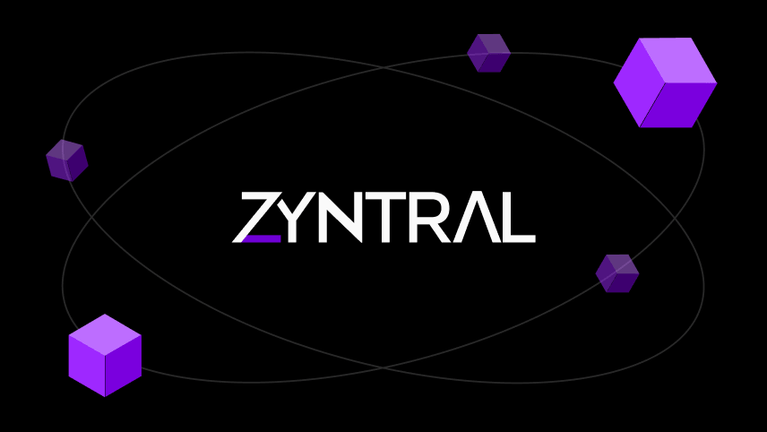 Zyntral logo text surrounded by five floating purple cubes connected by curved lines on a black background.