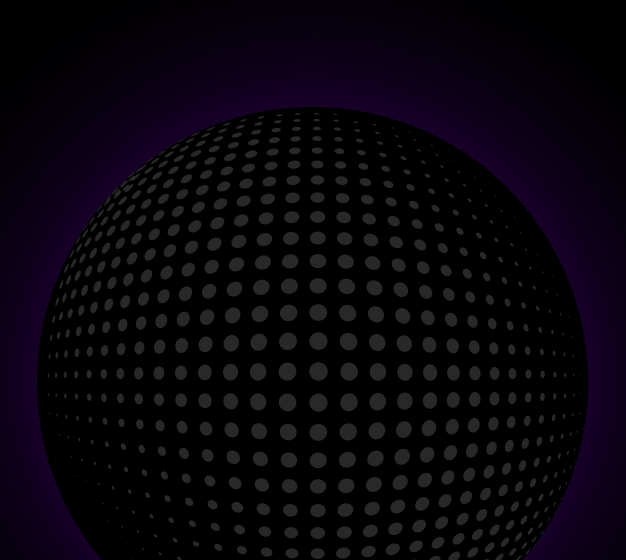 Black sphere with evenly spaced gray dots on a dark purple gradient background.