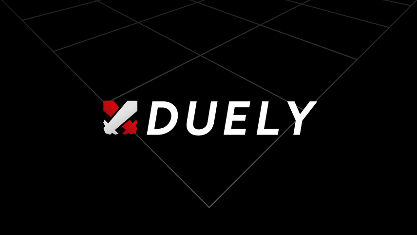 Logo of DUELY with a stylized white and red sword icon on a black background with grid lines.