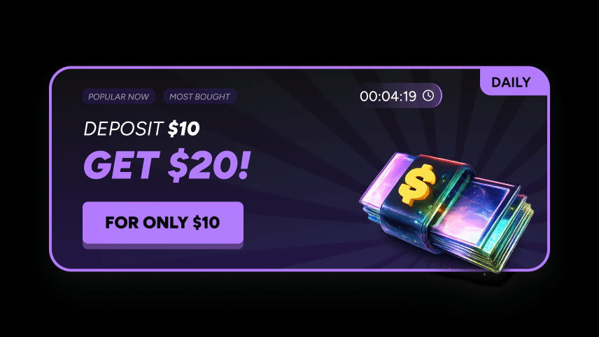 Digital ad showing an offer: Deposit $10 and get $20 with a countdown timer and a stack of holographic money with a gold dollar sign.