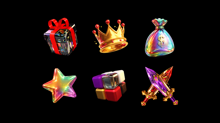 Six colorful 3D icons on black background: a gift box with a red ribbon, a gold crown with red gems, a shiny money bag with a dollar sign, a rainbow-colored star, a stack of multicolored cubes, and two crossed swords with purple and red blades.