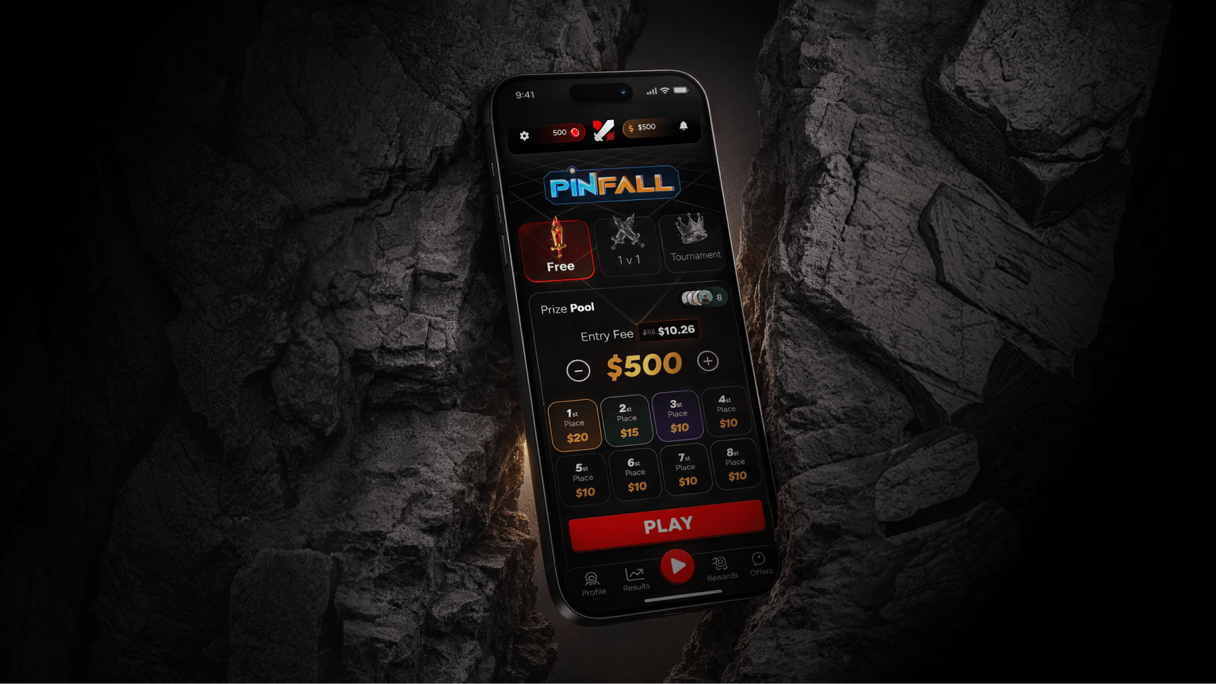 Smartphone displaying PinFall game interface showing a $500 prize pool, entry fee, ranking prizes, and a red Play button.